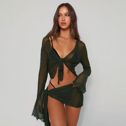 Green Summer Sexy Beach Dress Sets Women See Through Outfits White Long Sleeve Crop Top and Mini Skirt 2 Piece Set The Clothing Company Sydney