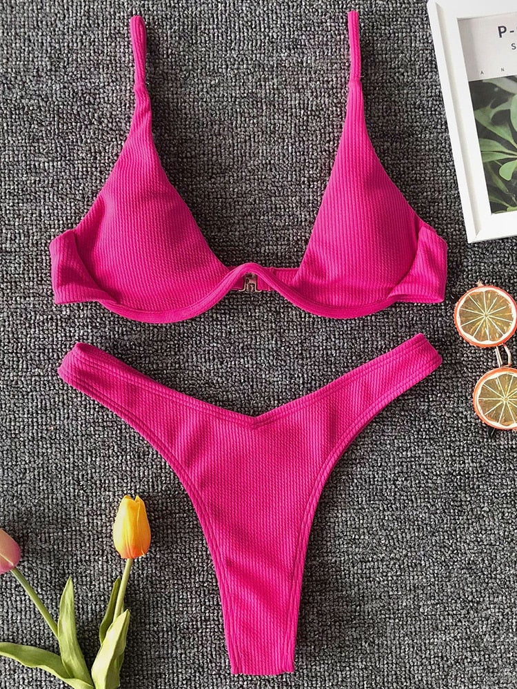 Neon V-bar Underwired Bikini Ribbed Swimsuit Women Thong Swimwear Two-pieces Bikini set Push up Bathing Suit The Clothing Company Sydney