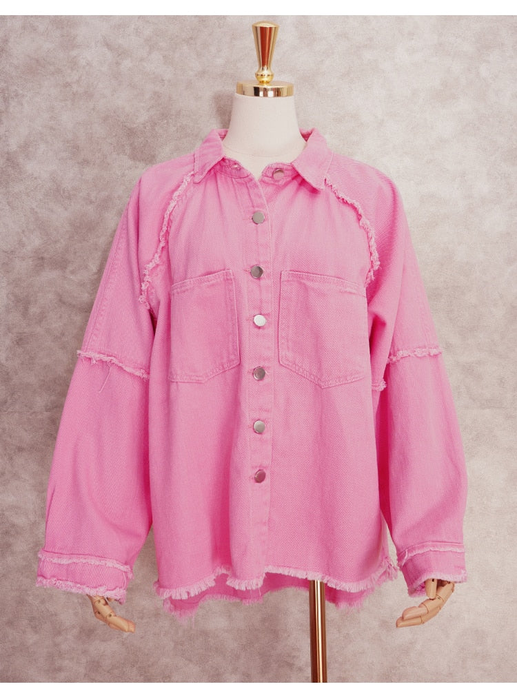 Loose Turn-down Collar Denim Jacket Coat Casual Denim Jacket Long Sleeve Tassel Solid washed Tops The Clothing Company Sydney