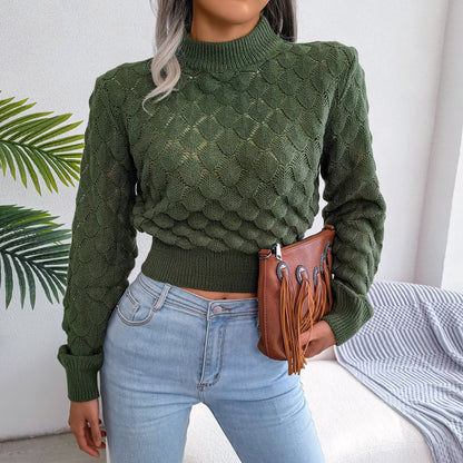 Women's Fashion Fall Winter 3D Diamond Cutout Long Sleeve Solid Color Chic Crop Knit Sweater The Clothing Company Sydney