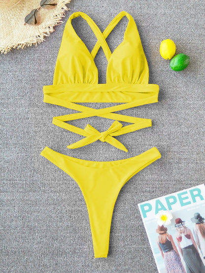 2 Piece Solid Swimsuit Swimwear Push Up Bikini Set Cross Bandage Bathing Suit Beach Wear Swimming Suit The Clothing Company Sydney