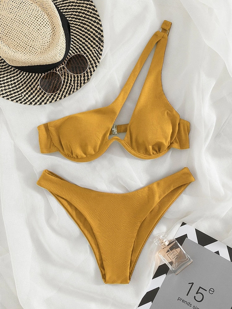 2 Piece Ribbed Bikini One Shoulder Swimwear Swimsuit Push Up Bikini Set High Cut Bathing Suit Brazilian Bikini Set The Clothing Company Sydney