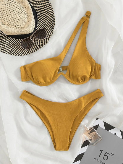 2 Piece Ribbed Bikini One Shoulder Swimwear Swimsuit Push Up Bikini Set High Cut Bathing Suit Brazilian Bikini Set The Clothing Company Sydney