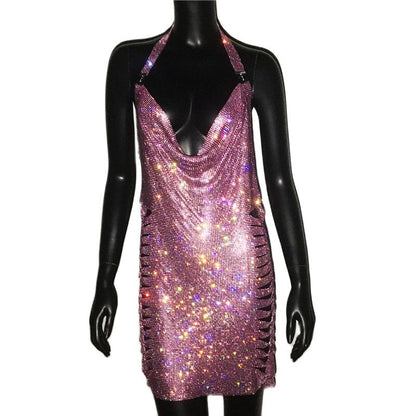 Gold Silver Rhinestone Tassel Chain Dress Women Hip High Split Luxury Party Halter Beach Nightclub Dress The Clothing Company Sydney