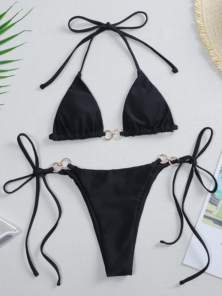 2 Piece Metal Rings Micro Bikini Swimsuit Push Up Bikini Set Swimwear Black Brazilian Bathing Suit Beachwear The Clothing Company Sydney
