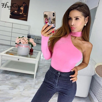 Cotton halter one shoulder Choker Long Sleeve bodysuit The Clothing Company Sydney