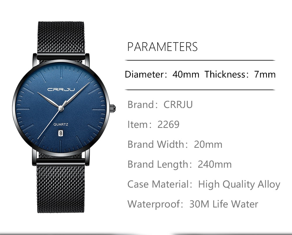 Men's Luxury Blue Waterproof Ultra Thin Date Simple Casual Quartz Watch The Clothing Company Sydney