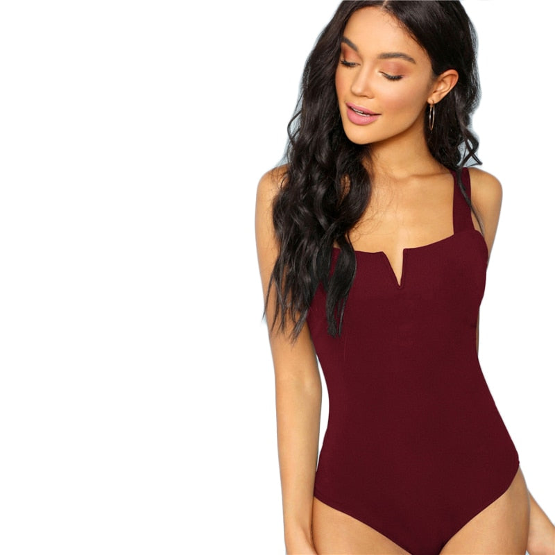 V-Cut Front Strappy Plain Skinny Sleeveles Autumn Stretchy Bodysuits The Clothing Company Sydney