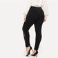 Black Casual Elastic Mid Waist Sheer Lace Insert Pencil Pants Slim Fit Skinny Trousers The Clothing Company Sydney