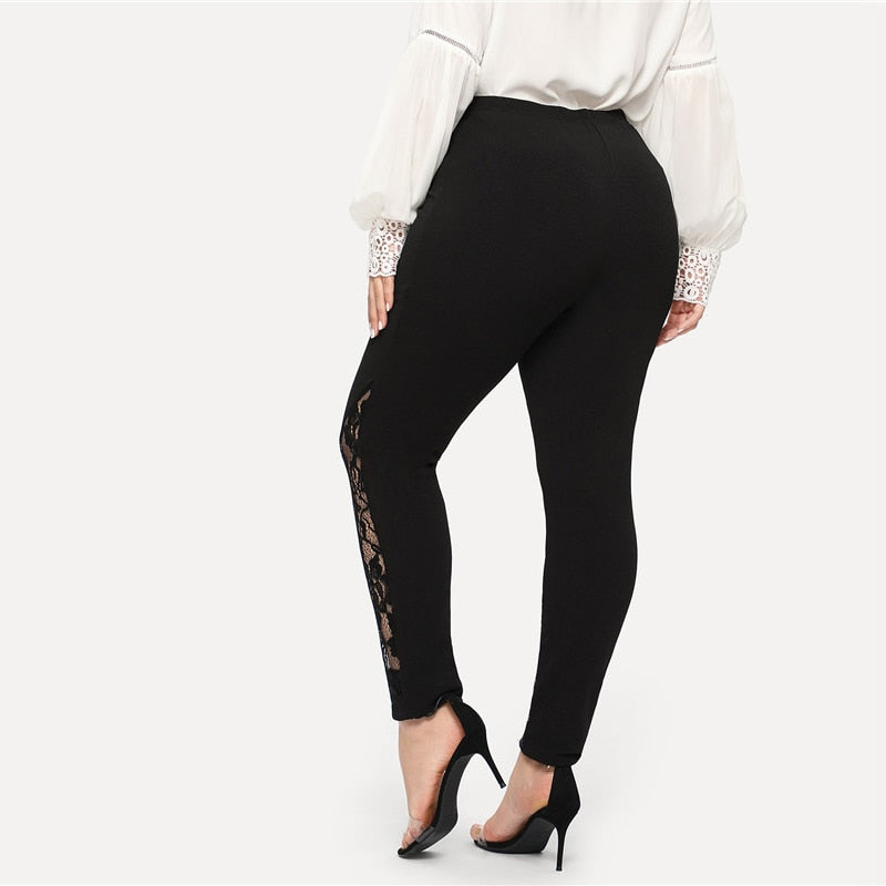 Black Casual Elastic Mid Waist Sheer Lace Insert Pencil Pants Slim Fit Skinny Trousers The Clothing Company Sydney