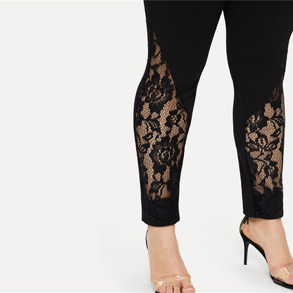 Black Casual Elastic Mid Waist Sheer Lace Insert Pencil Pants Slim Fit Skinny Trousers The Clothing Company Sydney