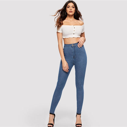 Solid Skinny Spring Autumn Skinny Stretchy Blue Navy High Waist Denim Jeans The Clothing Company Sydney