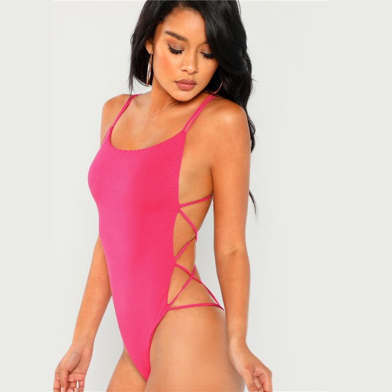 Strappy Backless Women Black Sleeveless Summer Beach Scoop Neck Cross Slim Cami Bodysuit The Clothing Company Sydney
