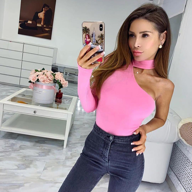 Cotton halter one shoulder Choker Long Sleeve bodysuit The Clothing Company Sydney
