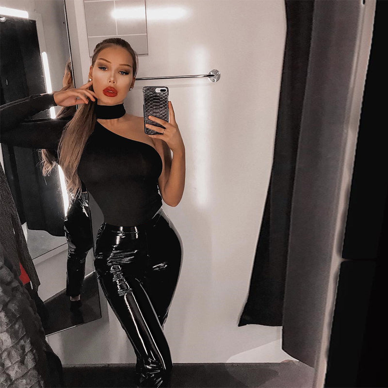 Cotton halter one shoulder Choker Long Sleeve bodysuit The Clothing Company Sydney