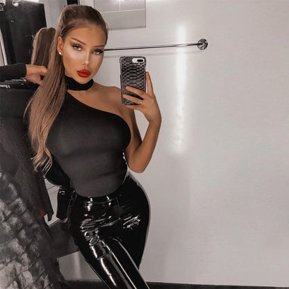 Cotton halter one shoulder Choker Long Sleeve bodysuit The Clothing Company Sydney