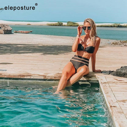 2 Piece High Waist Bikini Women Mesh Swimsuit Push Up Swimwear Off Shoulder Bikini Set Solid Bathing Suit Summer Beachwear The Clothing Company Sydney
