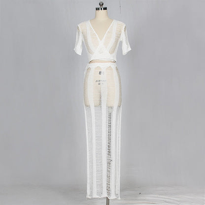 Bow Tie Hollow Out Knitted Two Piece Transparent Bandage Maxi Beach Casual Slim Summer Dress The Clothing Company Sydney