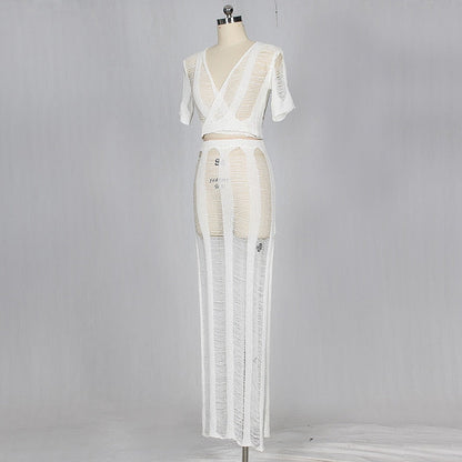 Bow Tie Hollow Out Knitted Two Piece Transparent Bandage Maxi Beach Casual Slim Summer Dress The Clothing Company Sydney