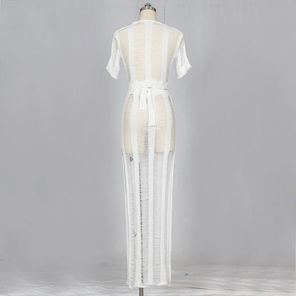Bow Tie Hollow Out Knitted Two Piece Transparent Bandage Maxi Beach Casual Slim Summer Dress The Clothing Company Sydney