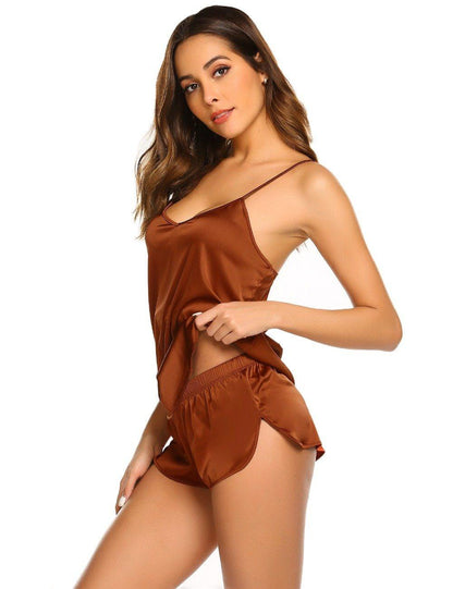 Summer Sleepwear Pyjamas Set Solid Adjustable Strap Cami Top Shorts Satin Loose Female Nightwear The Clothing Company Sydney