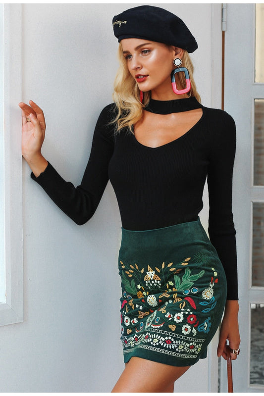 Vintage high waist Boho pencil corduroy winter Embroidered autumn green mini skirt The Clothing Company Sydney