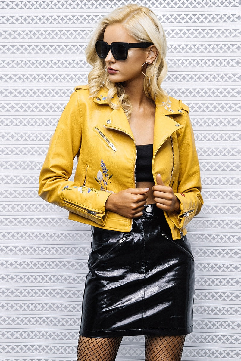 Embroidery faux leather coat Motorcycle zipper wine red leather jacket women Fashion cool outerwear winter jacket The Clothing Company Sydney