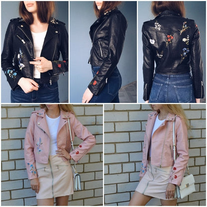 Embroidery faux leather coat Motorcycle zipper wine red leather jacket women Fashion cool outerwear winter jacket The Clothing Company Sydney