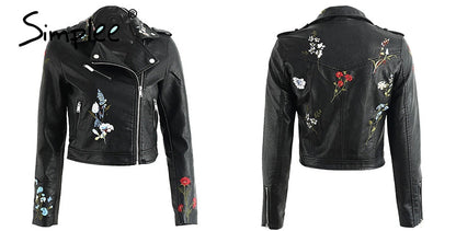 Embroidery faux leather coat Motorcycle zipper wine red leather jacket women Fashion cool outerwear winter jacket The Clothing Company Sydney