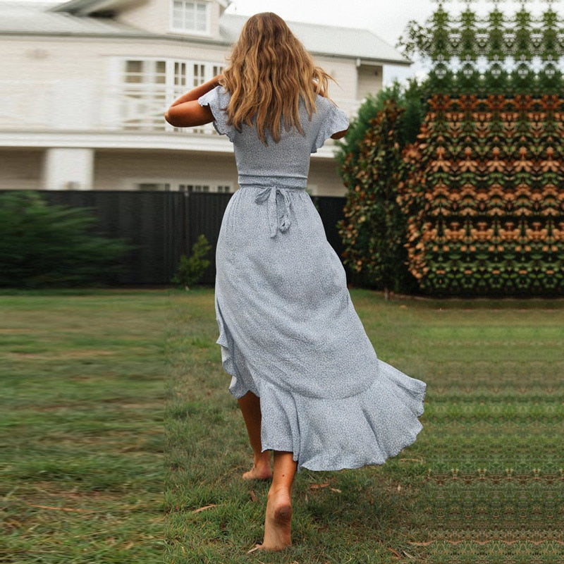 Boho Floral Print Beach Summer Long Sexy High Slit V-Neck Wrap Bodycon Party Maxi Ruffle Robe Split Dress The Clothing Company Sydney