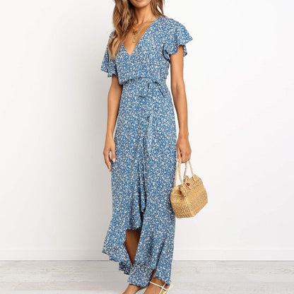 Boho Floral Print Beach Summer Long Sexy High Slit V-Neck Wrap Bodycon Party Maxi Ruffle Robe Split Dress The Clothing Company Sydney
