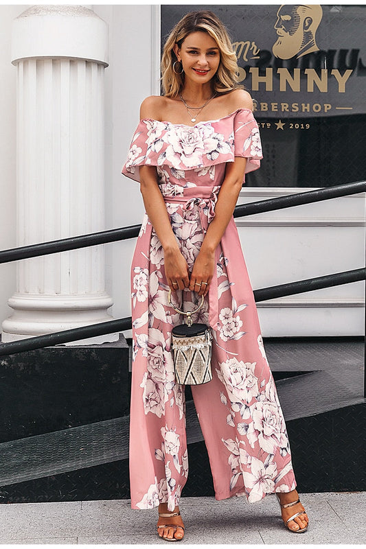 Bohemian floral print Elegant off shoulder sashes ladies long Summer ruffled playsuit Jumpsuit The Clothing Company Sydney
