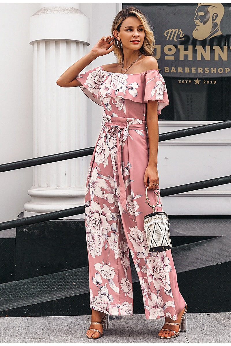 Bohemian floral print Elegant off shoulder sashes ladies long Summer ruffled playsuit Jumpsuit The Clothing Company Sydney