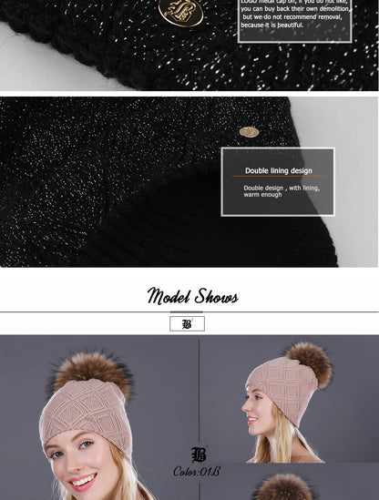 Winter fur Beanie cap women's cashmere wool cotton Big Real Raccoon fur pom poms fur winter hat The Clothing Company Sydney
