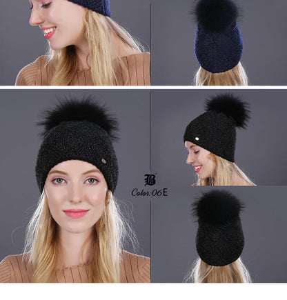 Winter fur Beanie cap women's cashmere wool cotton Big Real Raccoon fur pom poms fur winter hat The Clothing Company Sydney