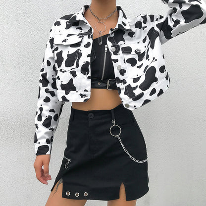 Streetwear Cow Print Cropped Casual Buttons Coat Women Cardigan Spring Autumn Basic Jacket The Clothing Company Sydney