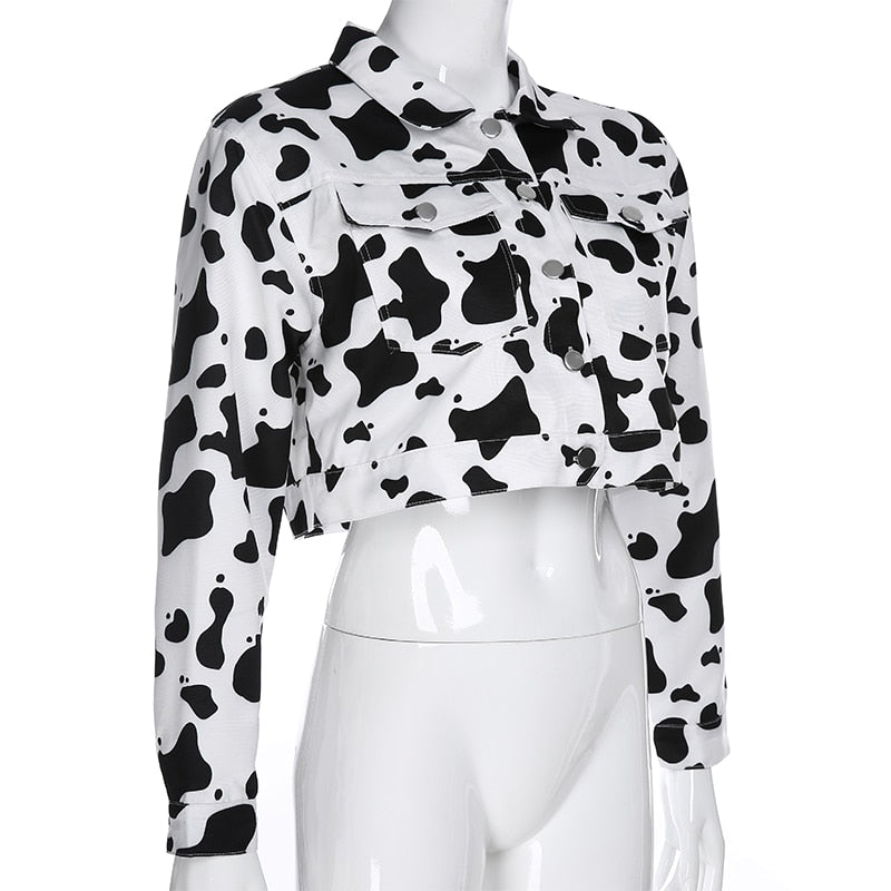 Streetwear Cow Print Cropped Casual Buttons Coat Women Cardigan Spring Autumn Basic Jacket The Clothing Company Sydney