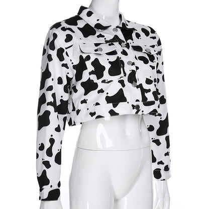 Streetwear Cow Print Cropped Casual Buttons Coat Women Cardigan Spring Autumn Basic Jacket The Clothing Company Sydney