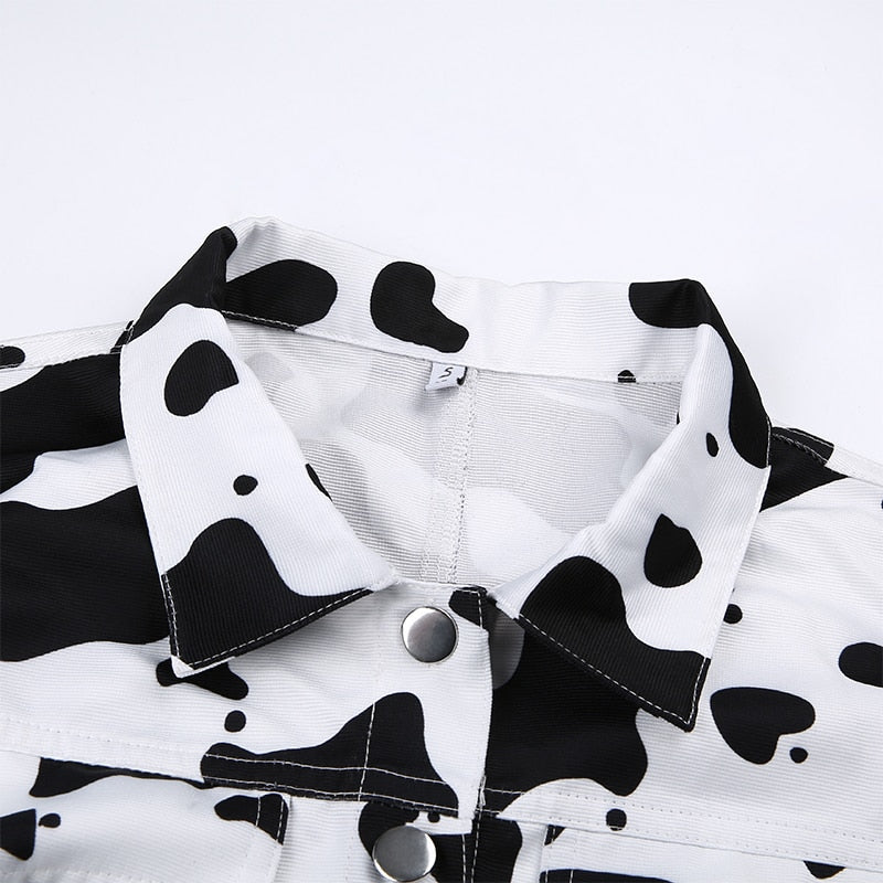 Streetwear Cow Print Cropped Casual Buttons Coat Women Cardigan Spring Autumn Basic Jacket The Clothing Company Sydney