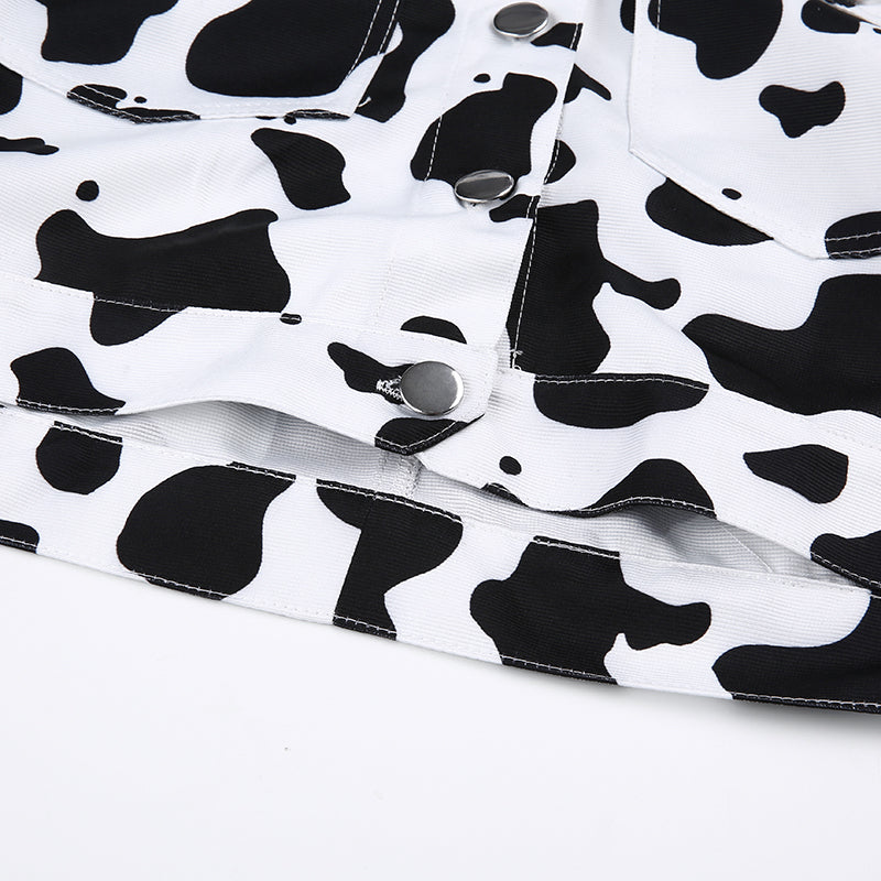 Streetwear Cow Print Cropped Casual Buttons Coat Women Cardigan Spring Autumn Basic Jacket The Clothing Company Sydney