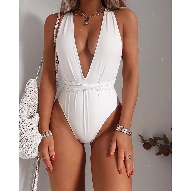Deep V Swimsuit One Piece Swimwear Bandage White Swimsuit Beach Wear Bathing Suit Monokini The Clothing Company Sydney