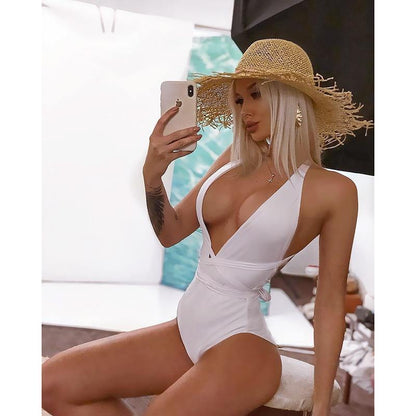 Deep V Swimsuit One Piece Swimwear Bandage White Swimsuit Beach Wear Bathing Suit Monokini The Clothing Company Sydney