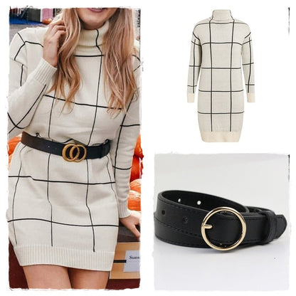 Elegant knitted Long sleeve turtleneck plaid Winter straight chic pullover sweater dress The Clothing Company Sydney