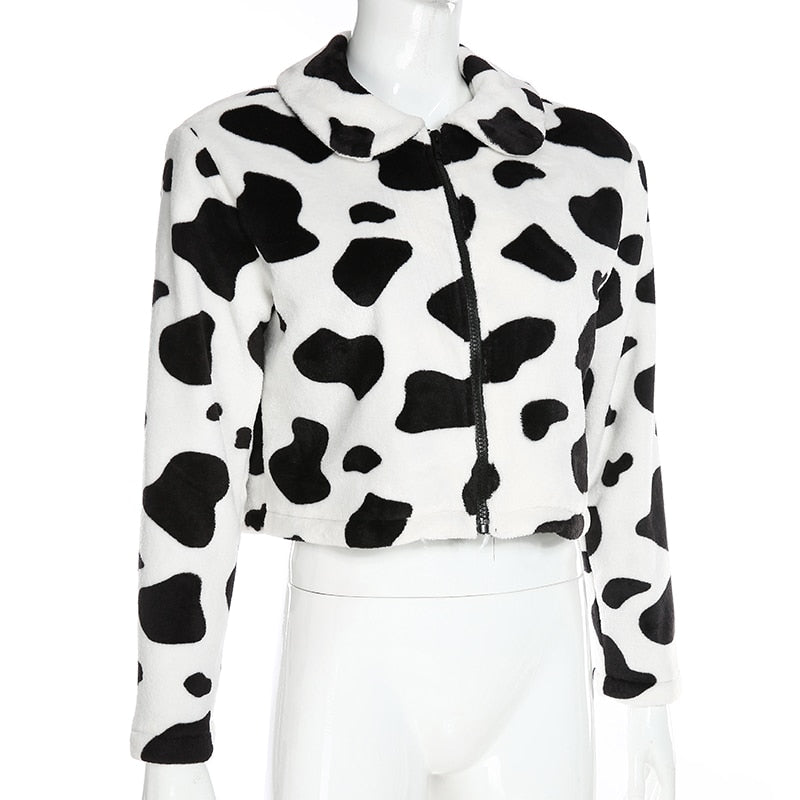 Cow Print Faux Fur Coat Women Animal Printed Casual Furry Crop Teddy Zipper Overcoat Jacket The Clothing Company Sydney