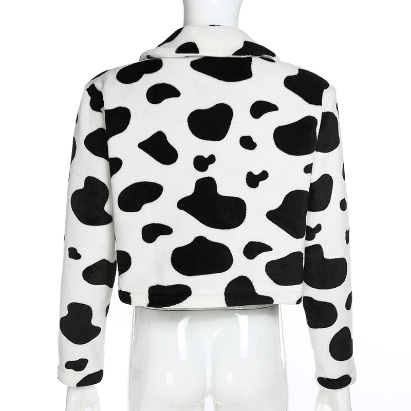 Cow Print Faux Fur Coat Women Animal Printed Casual Furry Crop Teddy Zipper Overcoat Jacket The Clothing Company Sydney