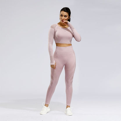 2 Piece Sports Yoga Gym Fitness Athletic Pants Sportswear Leggings Long Sleeve Seamless Sports Hollow Out Top Set The Clothing Company Sydney