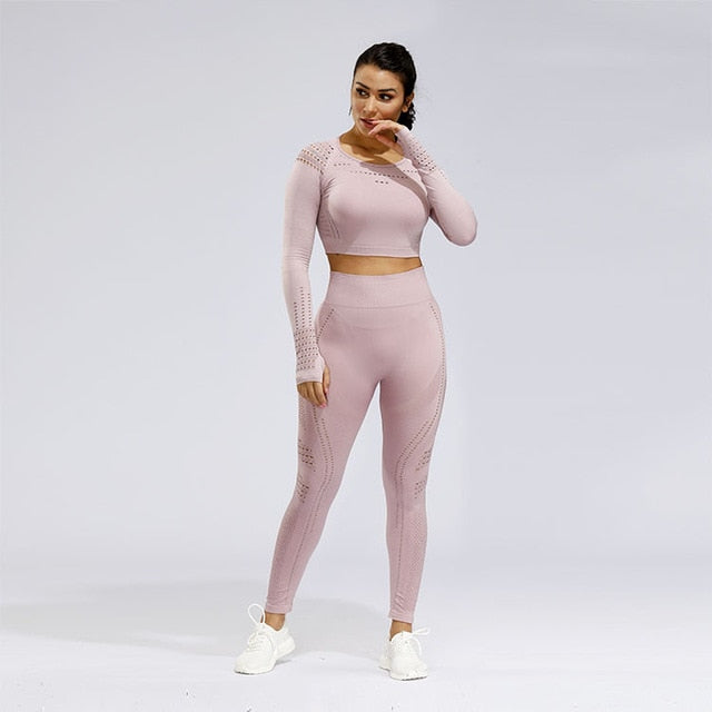 2 Piece Sports Yoga Gym Fitness Athletic Pants Sportswear Leggings Long Sleeve Seamless Sports Hollow Out Top Set The Clothing Company Sydney