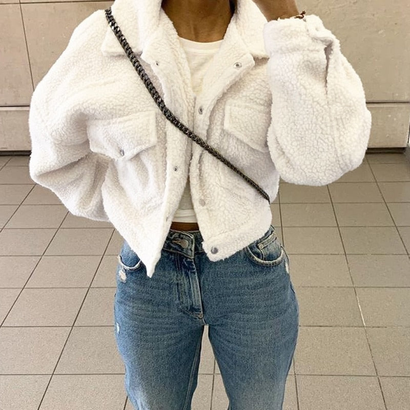 Autumn Winter Coat Women's Fleece Shaggy Warm Cropped Overcoat Single Breasted Outwear Jacket The Clothing Company Sydney