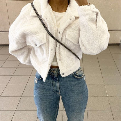 Autumn Winter Coat Women's Fleece Shaggy Warm Cropped Overcoat Single Breasted Outwear Jacket The Clothing Company Sydney
