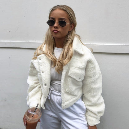 Autumn Winter Coat Women's Fleece Shaggy Warm Cropped Overcoat Single Breasted Outwear Jacket The Clothing Company Sydney